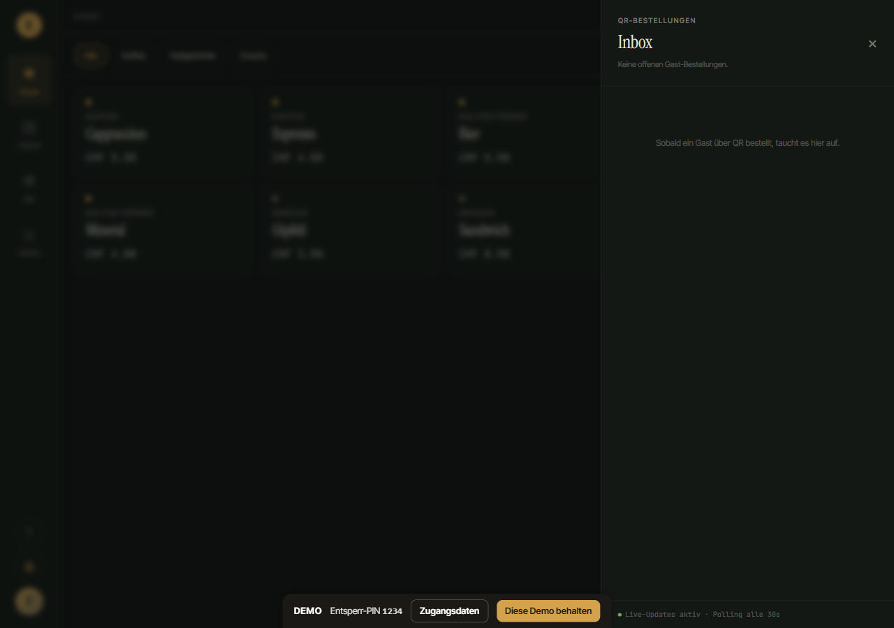 Quiro QR-Self-Order-Inbox: per QR-Code eingegangene Tisch-Bestellungen laufen live in die Mitarbeiter-Inbox